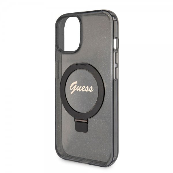 Guess iPhone 15 Deksel Ring Stand Glitter MagSafe Svart
