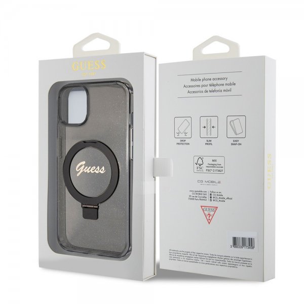 Guess iPhone 15 Deksel Ring Stand Glitter MagSafe Svart