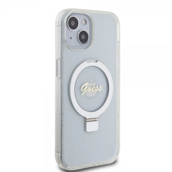 Guess iPhone 15 Deksel Ring Stand Glitter MagSafe Transparent