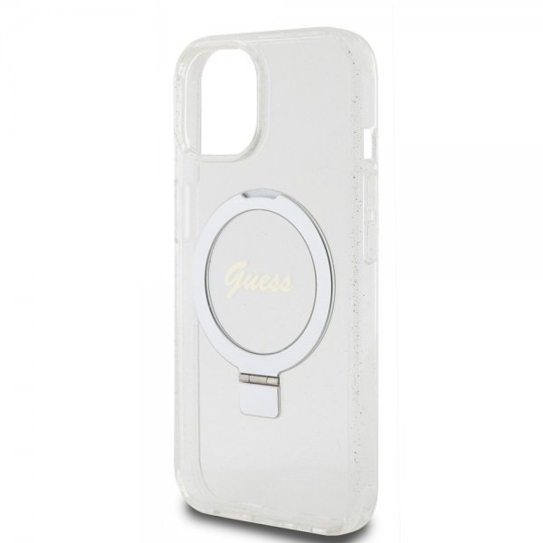 Guess iPhone 15 Deksel Ring Stand Glitter MagSafe Transparent
