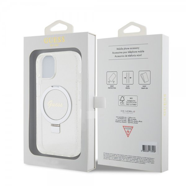 Guess iPhone 15 Deksel Ring Stand Glitter MagSafe Transparent