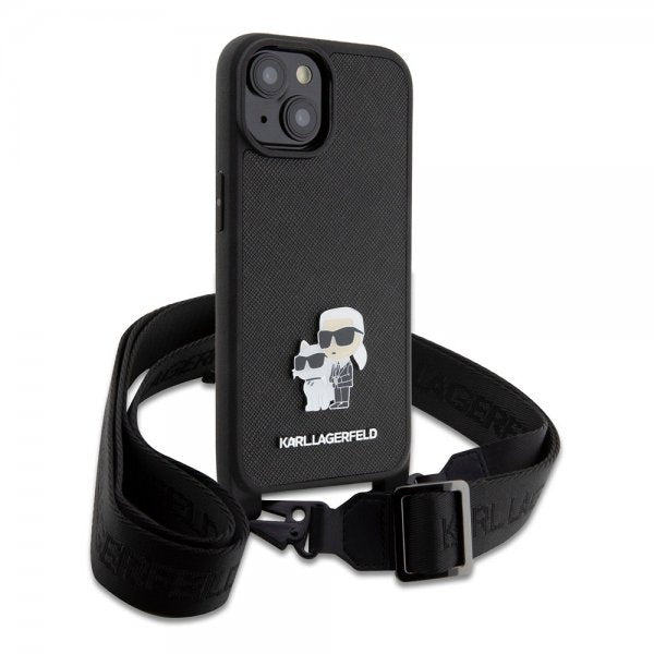 Karl Lagerfeld iPhone 15 Deksel Saffiano Karl & Choupette Crossbody Svart