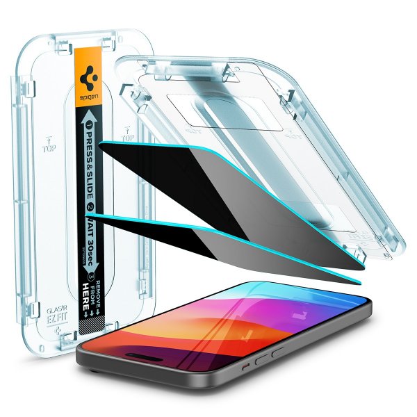 Spigen iPhone 15/iPhone 16 Skjermbeskytter GLAS.tR EZ Fit Privacy 2-pakning
