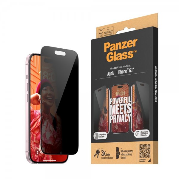PanzerGlass iPhone 15 Skjermbeskytter Ultra-Wide Fit Privacy EasyAligner