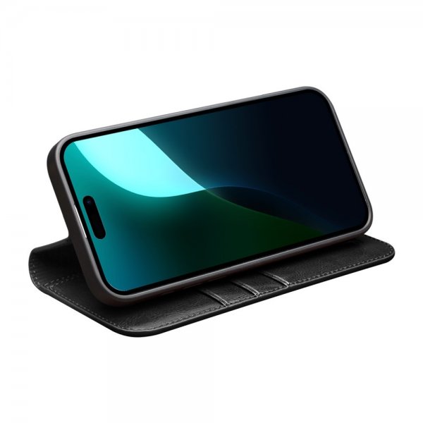 Qialino iPhone 16 Etui Ekte Skinn Svart