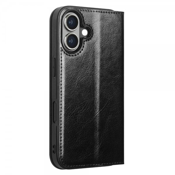 Qialino iPhone 16 Etui Ekte Skinn Svart