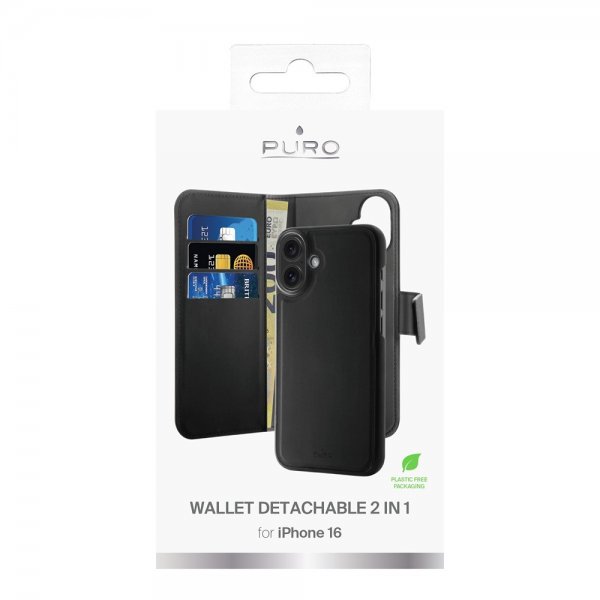Puro iPhone 16 Etui Wallet Detachable 2 in 1 Svart