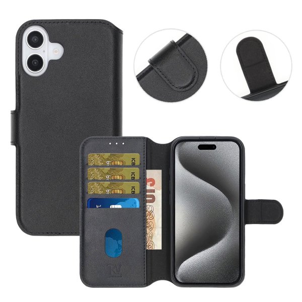 Rvelon iPhone 16 Etui Ekte skinn Kortlommer Svart