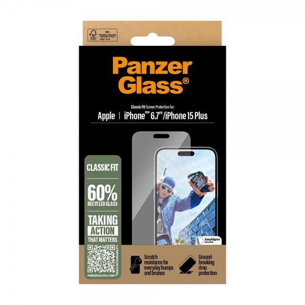PanzerGlass iPhone 15 Plus/iPhone 16 Plus Skjermbeskytter Classic Fit EasyAligner