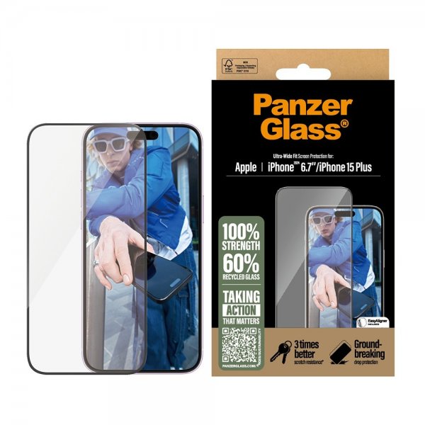 PanzerGlass iPhone 15 Plus/iPhone 16 Plus Skjermbeskytter Ultra-Wide Fit EasyAligner