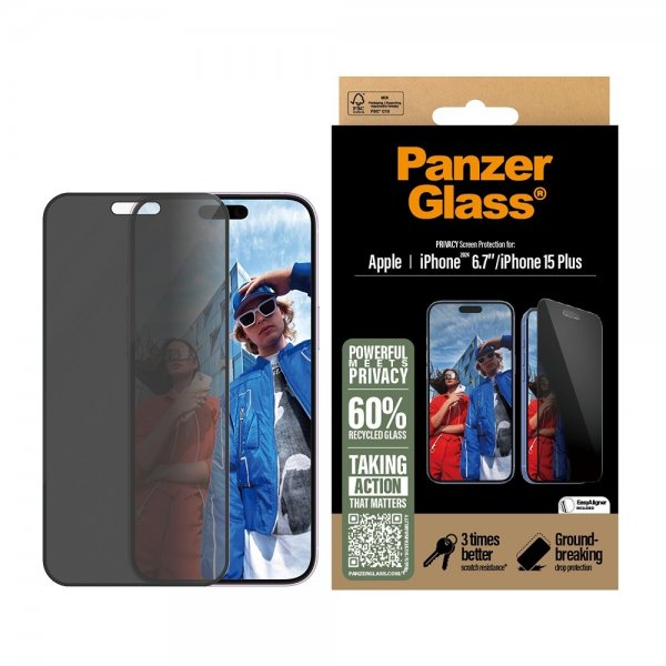 PanzerGlass iPhone 15 Plus/iPhone 16 Plus Skjermbeskytter Ultra-Wide Fit Privacy EasyAligner