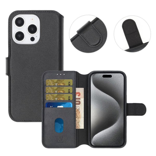 Rvelon iPhone 16 Pro Max Etui Ekte skinn Kortlommer Svart