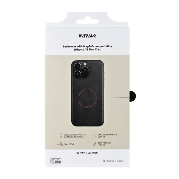 Buffalo iPhone 16 Pro Max Deksel Ekte skinn MagSeries Svart