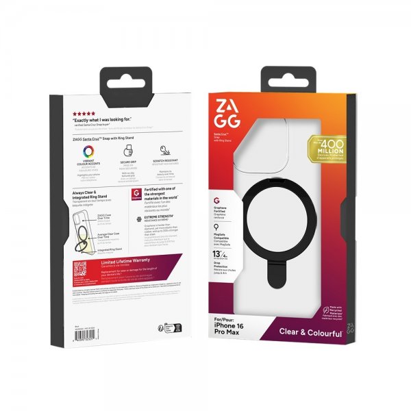 Zagg iPhone 16 Pro Max Deksel Santa Cruz Snap Ring Stand Svart