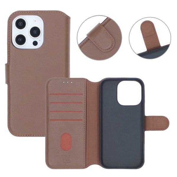 Rvelon iPhone 16 Pro Etui Ekte skinn Kortlommer Brun