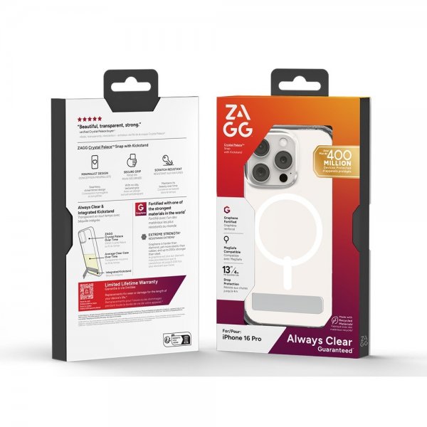 Zagg iPhone 16 Pro Deksel Crystal Palace Snap Kickstand Transparent