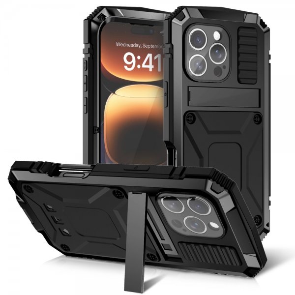 R-JUST iPhone 16 Pro Deksel Metall Støtsikker Svart