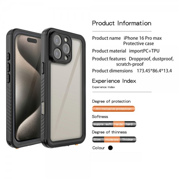 Redpepper iPhone 16 Pro Deksel Vanntett IP68 Svart