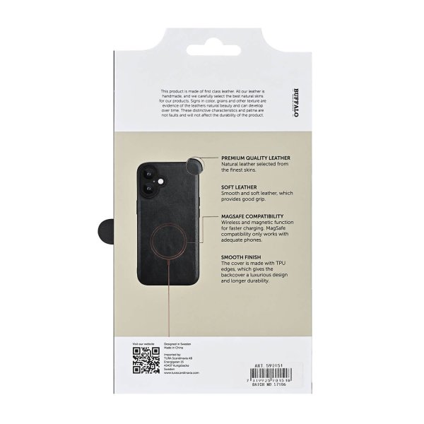 Buffalo iPhone 16 Deksel Ekte skinn MagSeries Svart