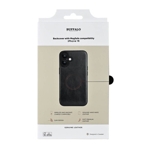 Buffalo iPhone 16 Deksel Ekte skinn MagSeries Svart