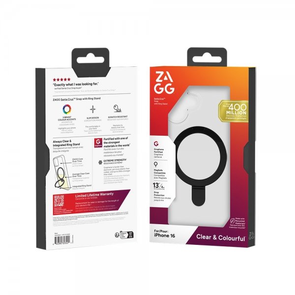 Zagg iPhone 16 Deksel Santa Cruz Snap Ring Stand Svart