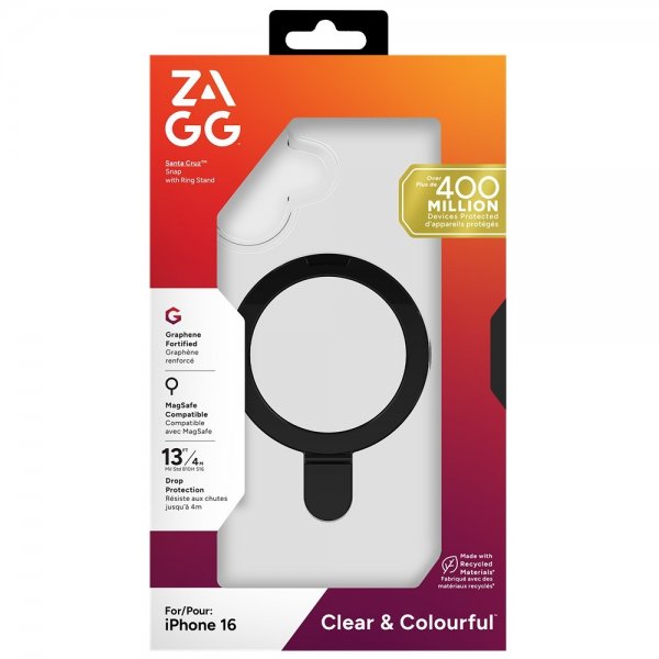 Zagg iPhone 16 Deksel Santa Cruz Snap Ring Stand Svart