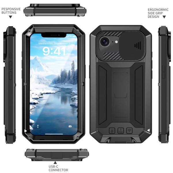 R-JUST iPhone 16e/17e Deksel Metall Støtsikker Kamerabeskyttelse Svart