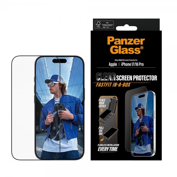 PanzerGlass iPhone 17/iPhone 16 Pro Skjermbeskytter Ultra-Wide Fit Clear Fastfit