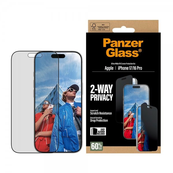PanzerGlass iPhone 17/iPhone 16 Pro Skjermbeskytter Ultra-Wide Fit Privacy EasyAligner