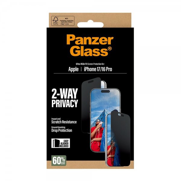 PanzerGlass iPhone 17/iPhone 16 Pro Skjermbeskytter Ultra-Wide Fit Privacy EasyAligner