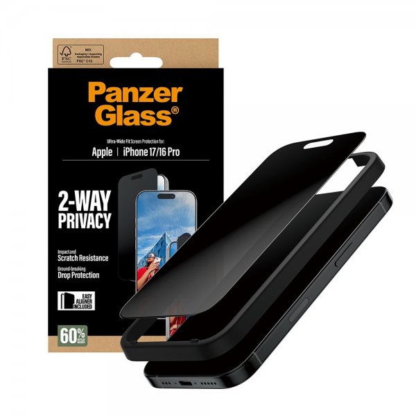PanzerGlass iPhone 17/iPhone 16 Pro Skjermbeskytter Ultra-Wide Fit Privacy EasyAligner