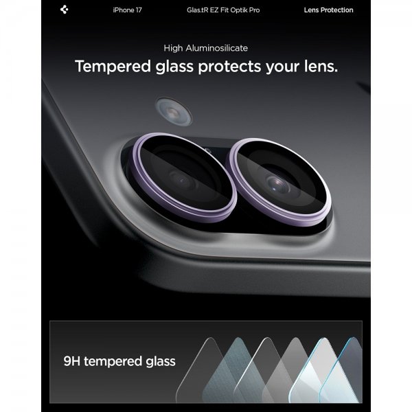 Spigen iPhone 17 Kamerabeskytter GLAS.tR EZ Fit Optik Pro 2-pakning Lilla