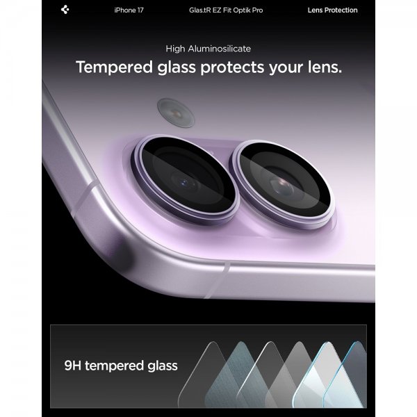 Spigen iPhone 17 Kamerabeskytter GLAS.tR EZ Fit Optik Pro 2-pakning Lilla