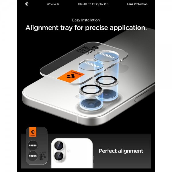 Spigen iPhone 17 Kamerabeskytter GLAS.tR EZ Fit Optik Pro 2-pakning Sølv