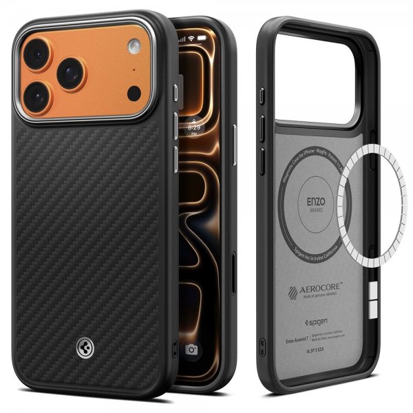Spigen iPhone 17 Pro Max Deksel Enzo Aramid T MagFit Svart Sølv