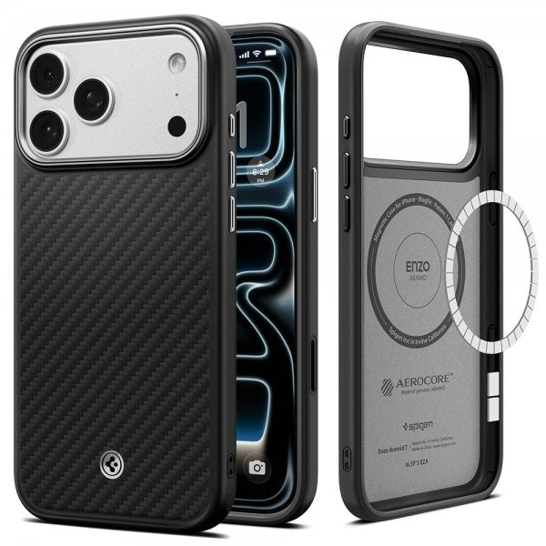 Spigen iPhone 17 Pro Max Deksel Enzo Aramid T MagFit Svart Sølv