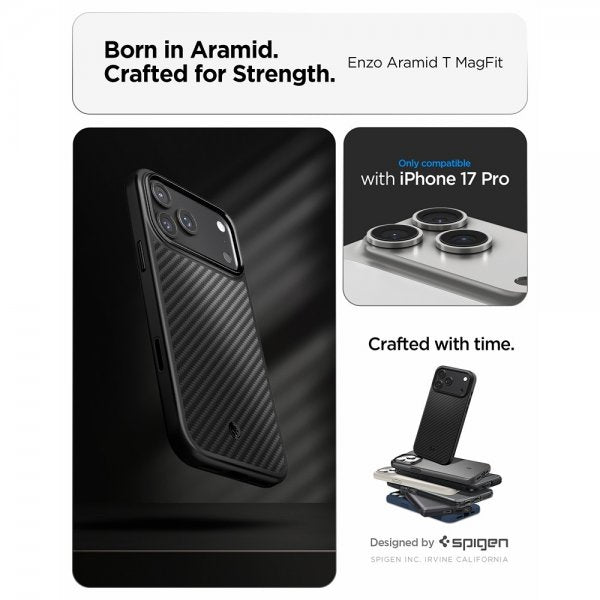 Spigen iPhone 17 Pro Deksel Enzo Aramid T MagFit Svart