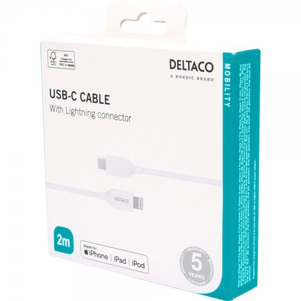 Deltaco Kabel USB-C Cable with Lightning Connector 2m Hvit
