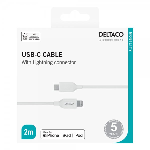 Deltaco Kabel USB-C Cable with Lightning Connector 2m Hvit