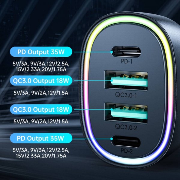 Joyroom Mobillader til bil JR-CL29 70W 4 Port Car Charger