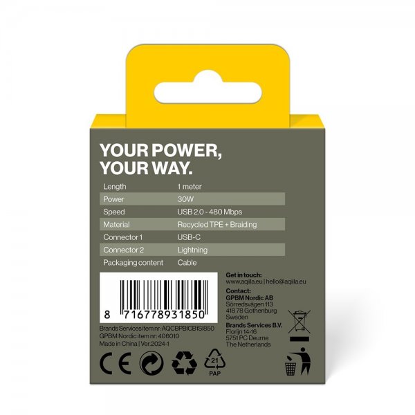 Aqiila Kabel Cablebird CB21 USB-C/Lightning 60W 1m Svart