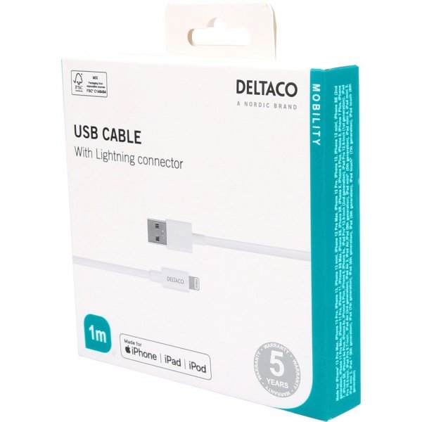 Deltaco Kabel USB-A Cable with Lightning Connector 1m Hvit