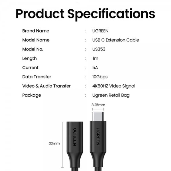 Ugreen Kabel USB-C Extension Cable 100W 4K 1m