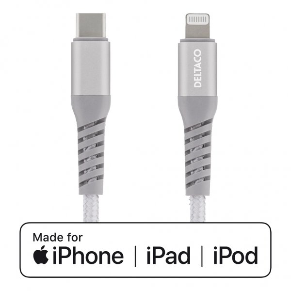 Deltaco Kabel USB-C Lightning 1m Stoff Sølv