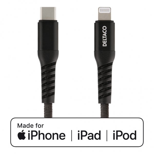 Deltaco Kabel USB-C Lightning 1m Stoff Svart