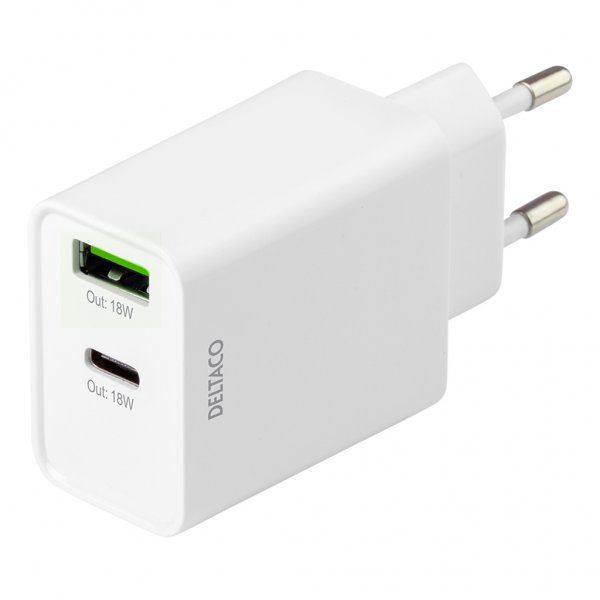 Deltaco Lader 18W USB-C PD & USB-A Hvit