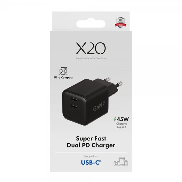 X2O Lader 45W Double USB-C GaN Svart