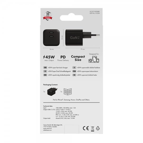 X2O Lader 45W Double USB-C GaN Svart