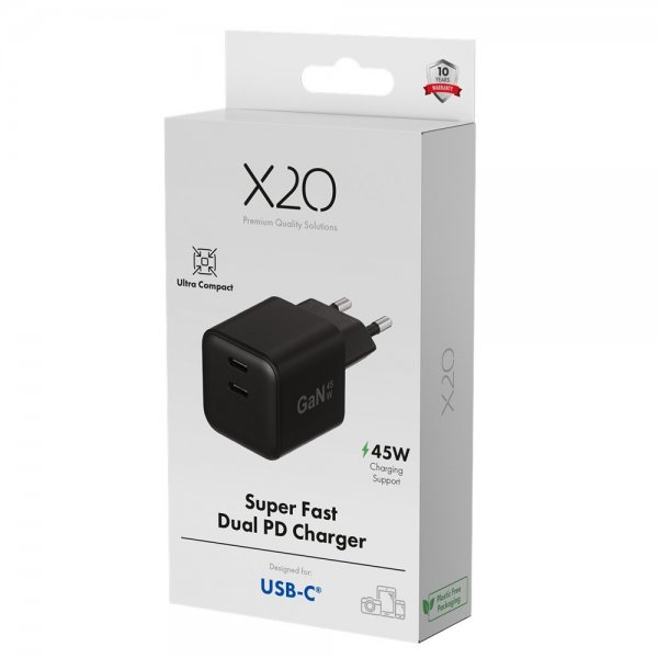 X2O Lader 45W Double USB-C GaN Svart