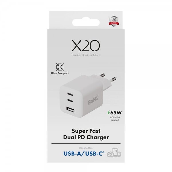 X2O Lader 65W Triple USB-C/USB-A GaN Hvit